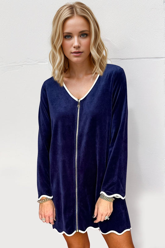 Double Take - Contrast Wave Trim Long Sleeve Velvet Mini Dress