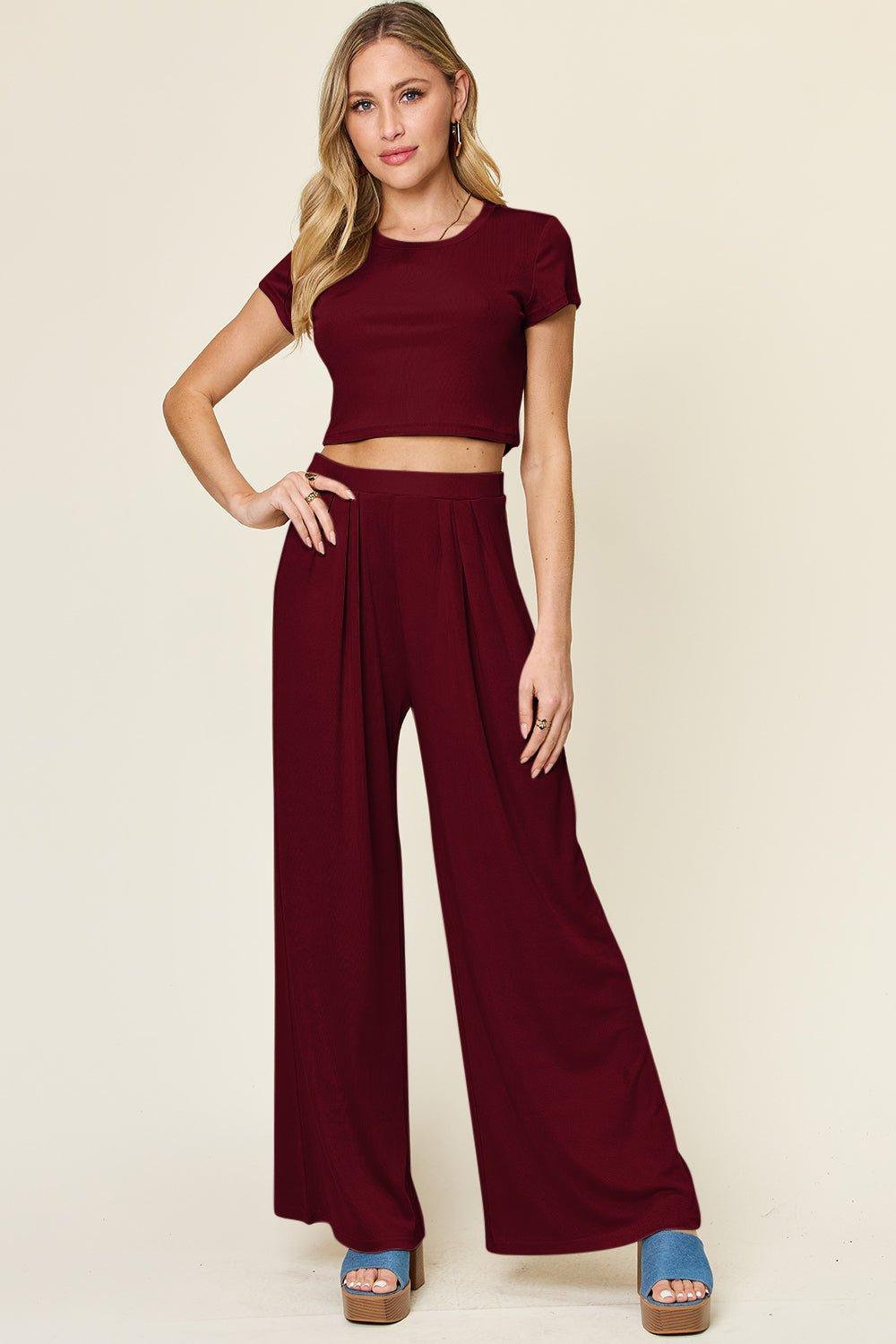 Double Take - Crop Short Sleeve Top and Wide Leg Pants Set