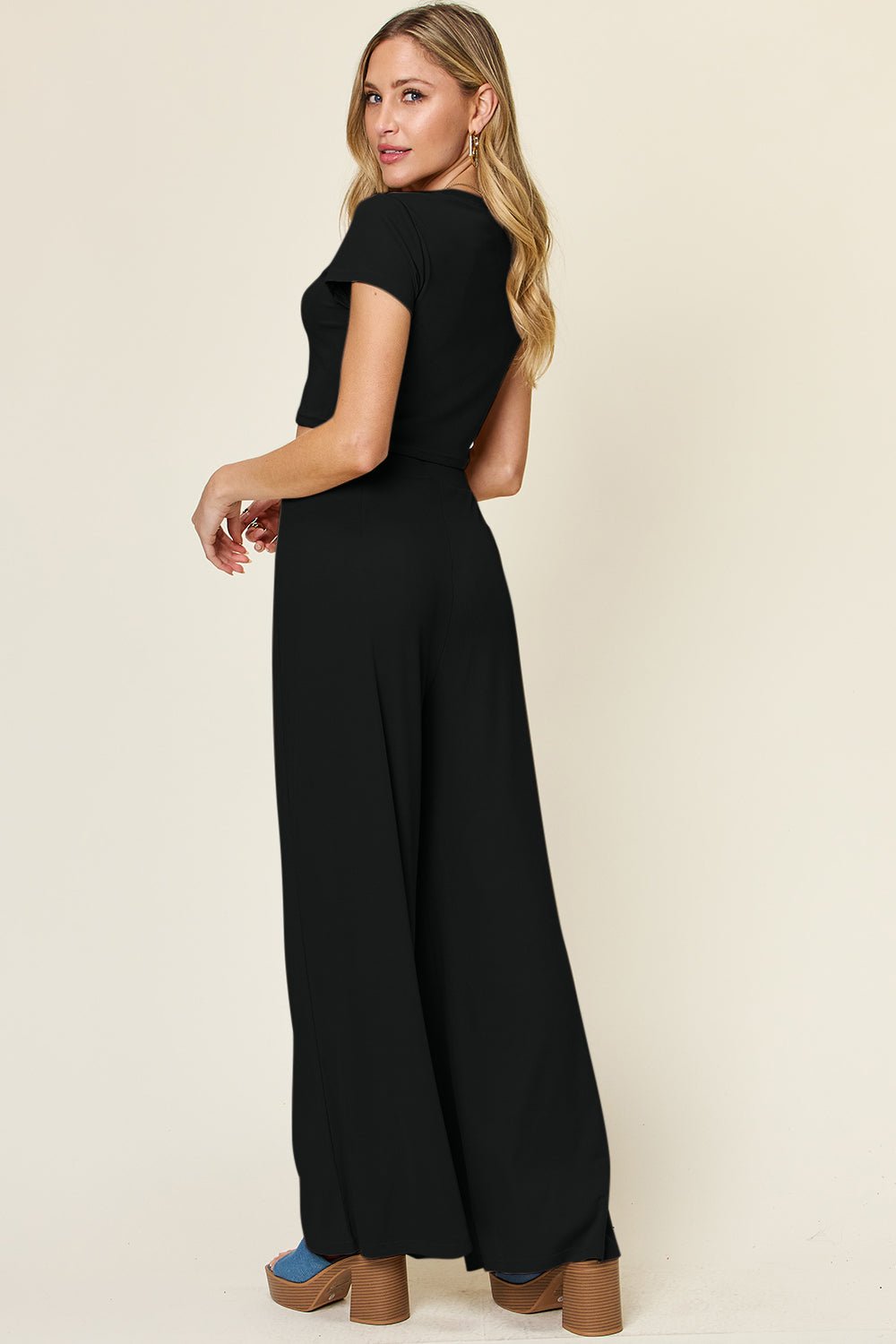 Double Take - Crop Short Sleeve Top and Wide Leg Pants Set