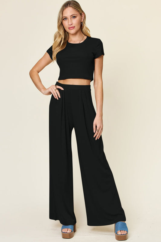 Double Take - Crop Short Sleeve Top and Wide Leg Pants Set