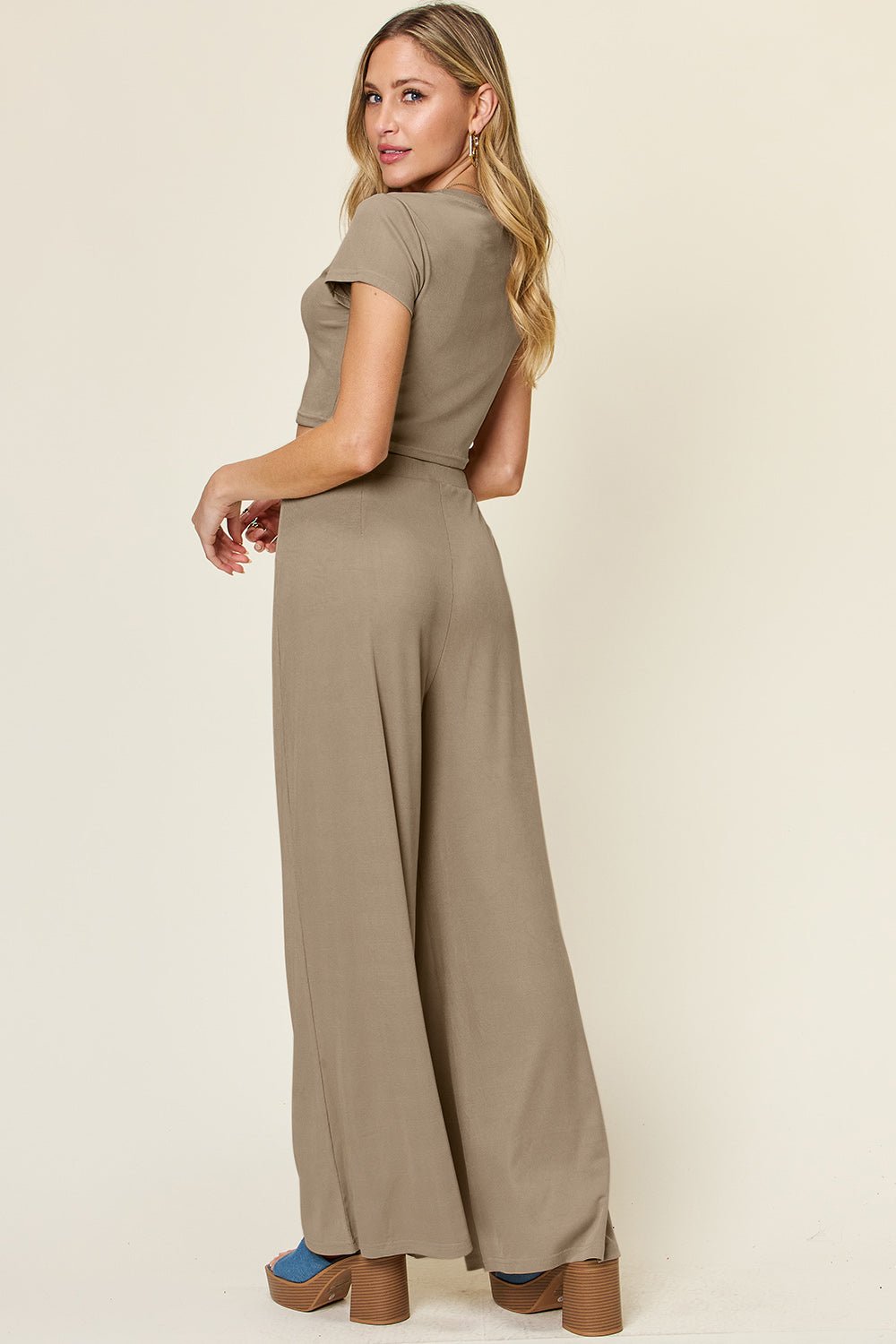 Double Take - Crop Short Sleeve Top and Wide Leg Pants Set