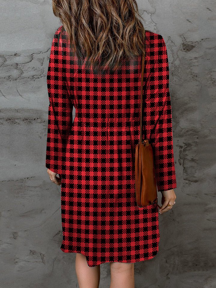 Double Take - Deep Red Plaid Long Sleeve Mini Dress