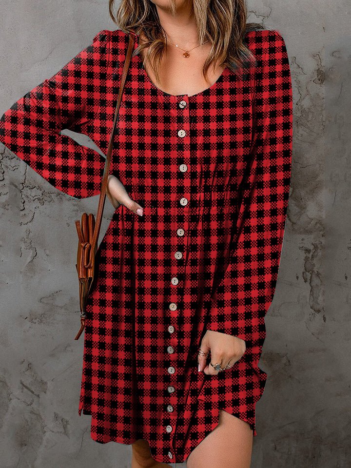 Double Take - Deep Red Plaid Long Sleeve Mini Dress