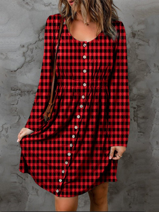 Double Take - Deep Red Plaid Long Sleeve Mini Dress