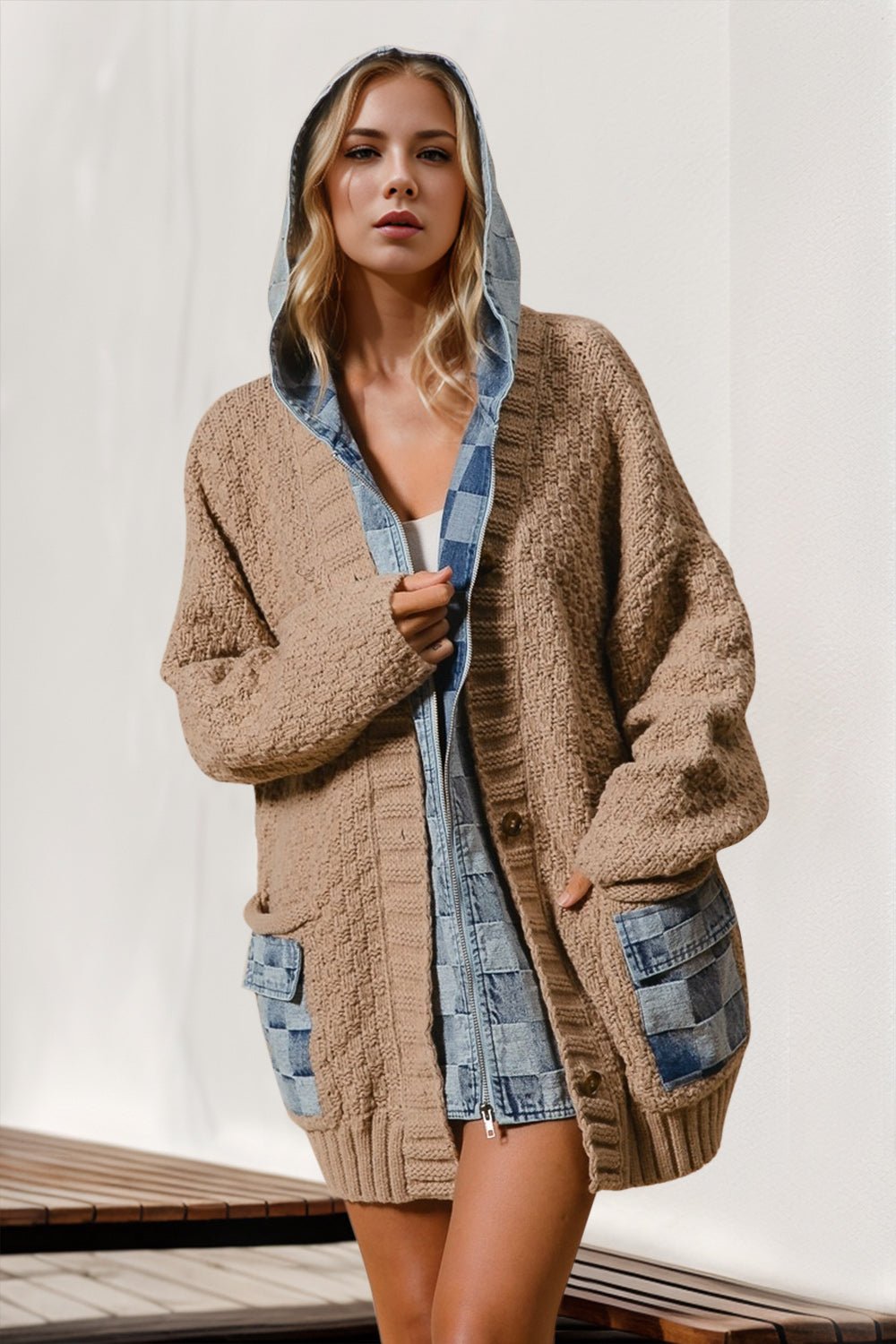 Double Take - Denim Hooded Mock Layered Zip Front Cardigan