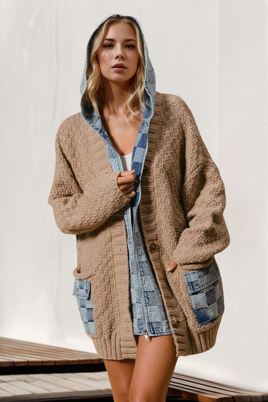 Double Take - Denim Hooded Mock Layered Zip Front Cardigan