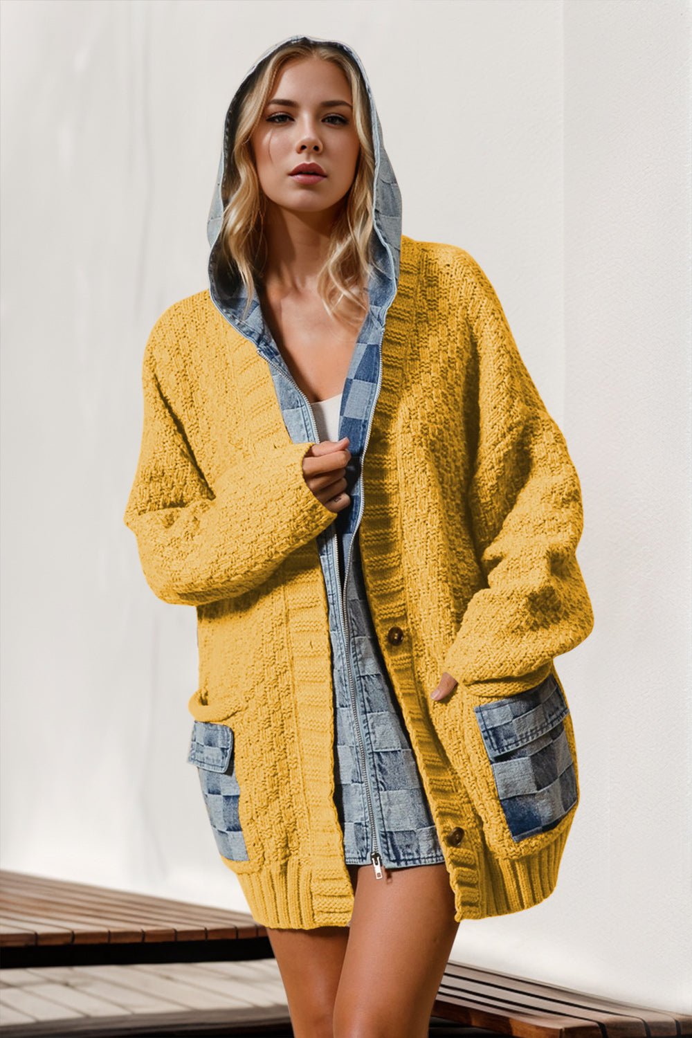 Double Take - Denim Hooded Mock Layered Zip Front Cardigan