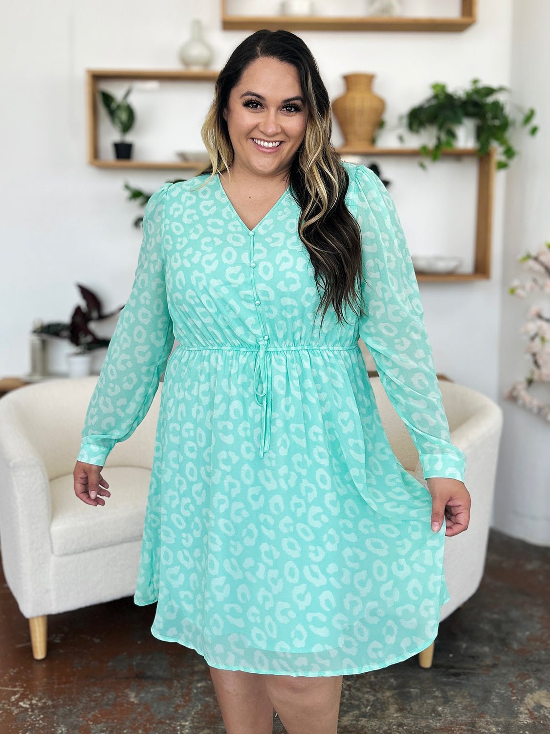 Double Take - Drawstring Waist Long Sleeve Knee - Length Dress in Light Green