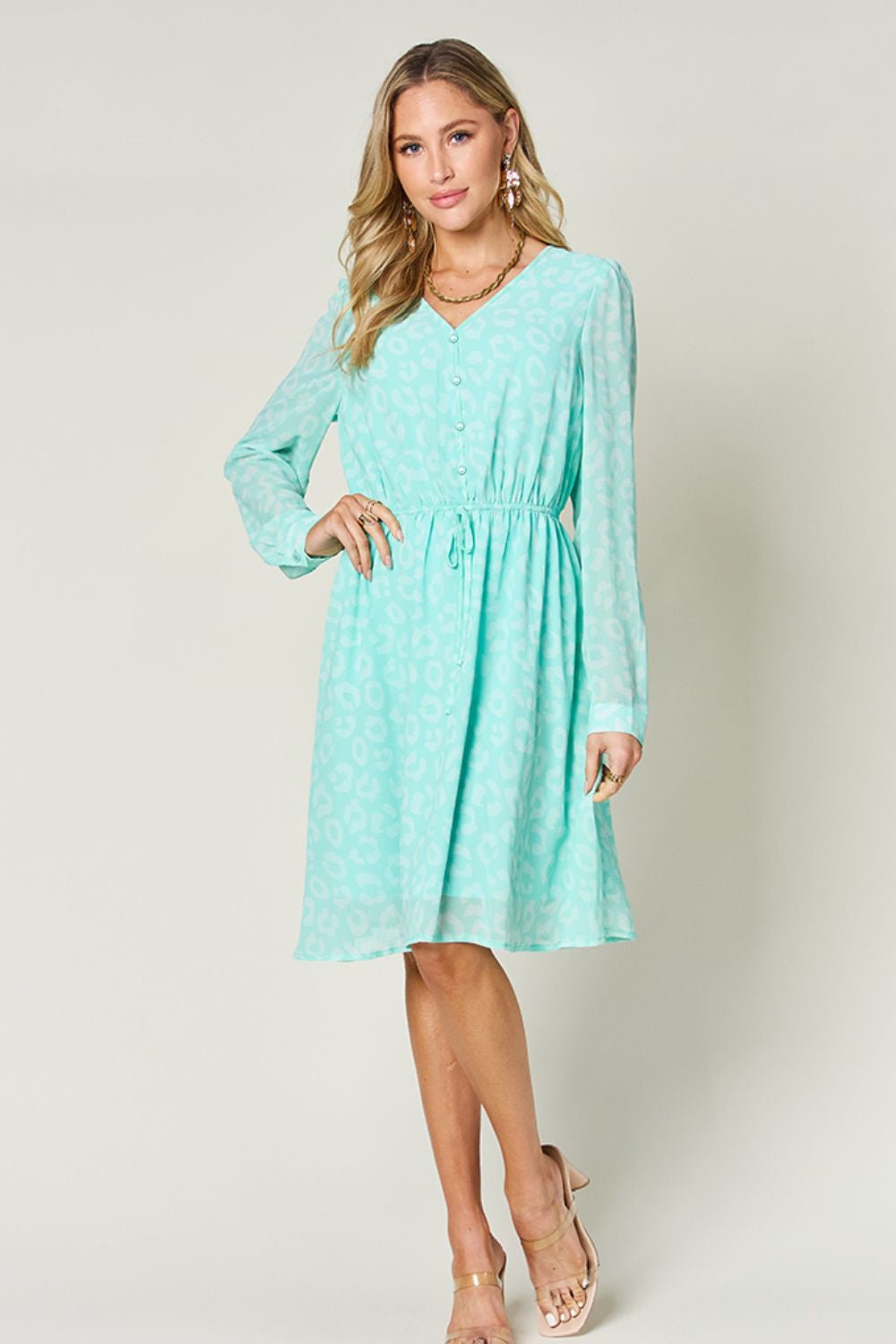 Double Take - Drawstring Waist Long Sleeve Knee - Length Dress in Light Green