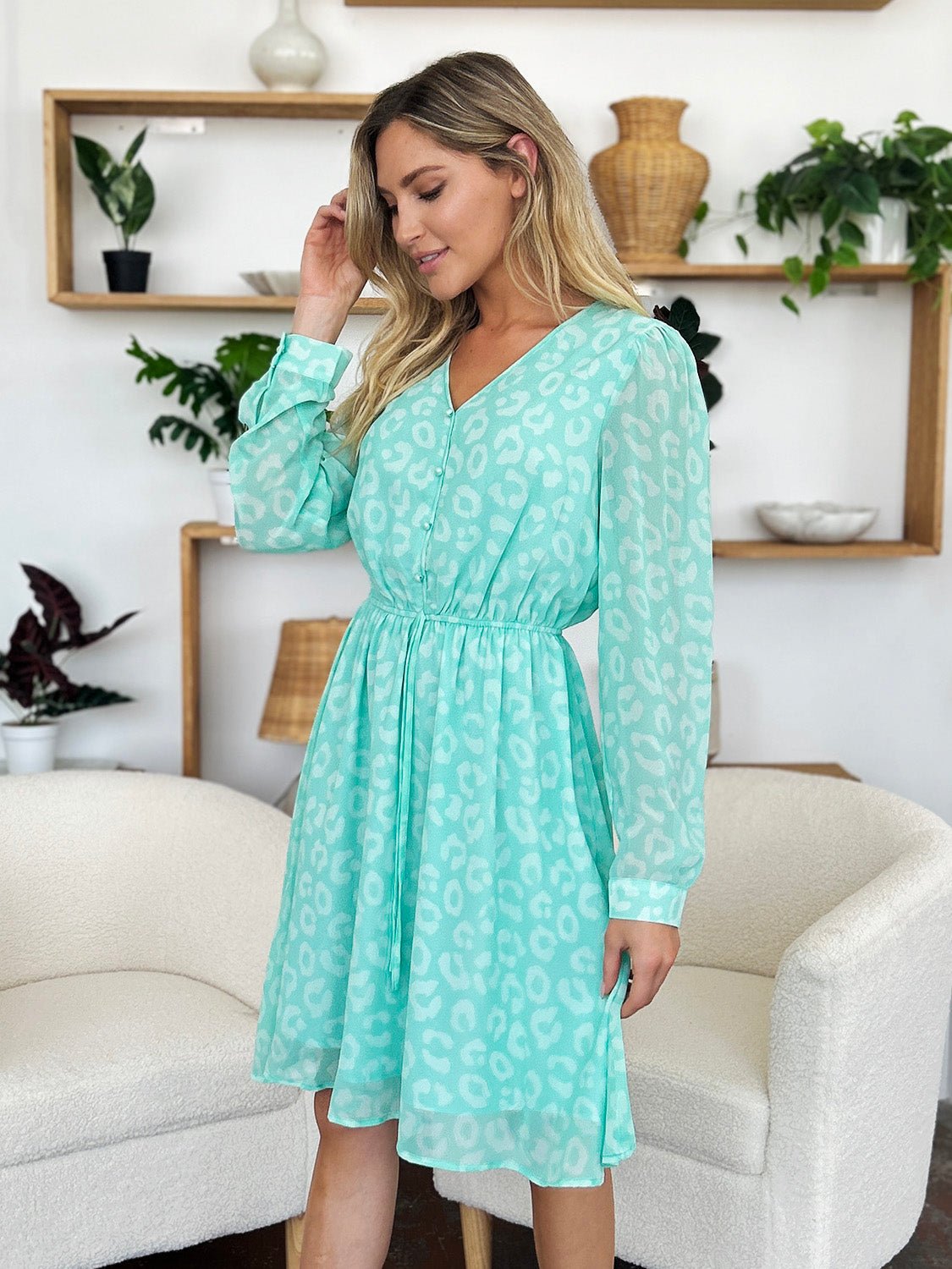 Double Take - Drawstring Waist Long Sleeve Knee - Length Dress in Light Green