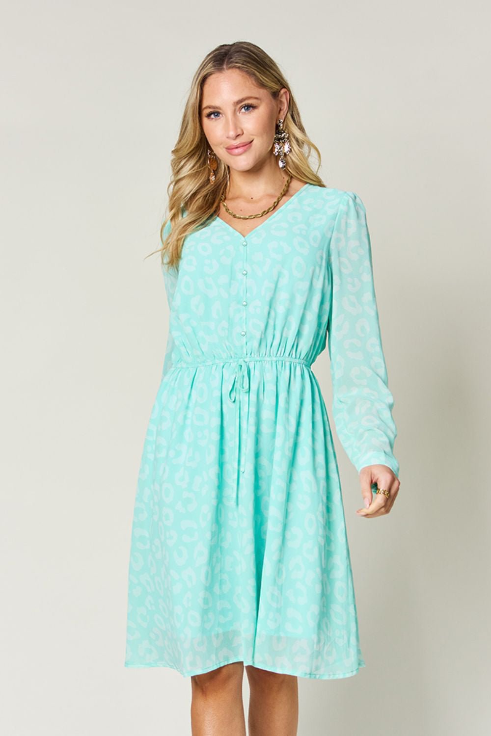 Double Take - Drawstring Waist Long Sleeve Knee - Length Dress in Light Green