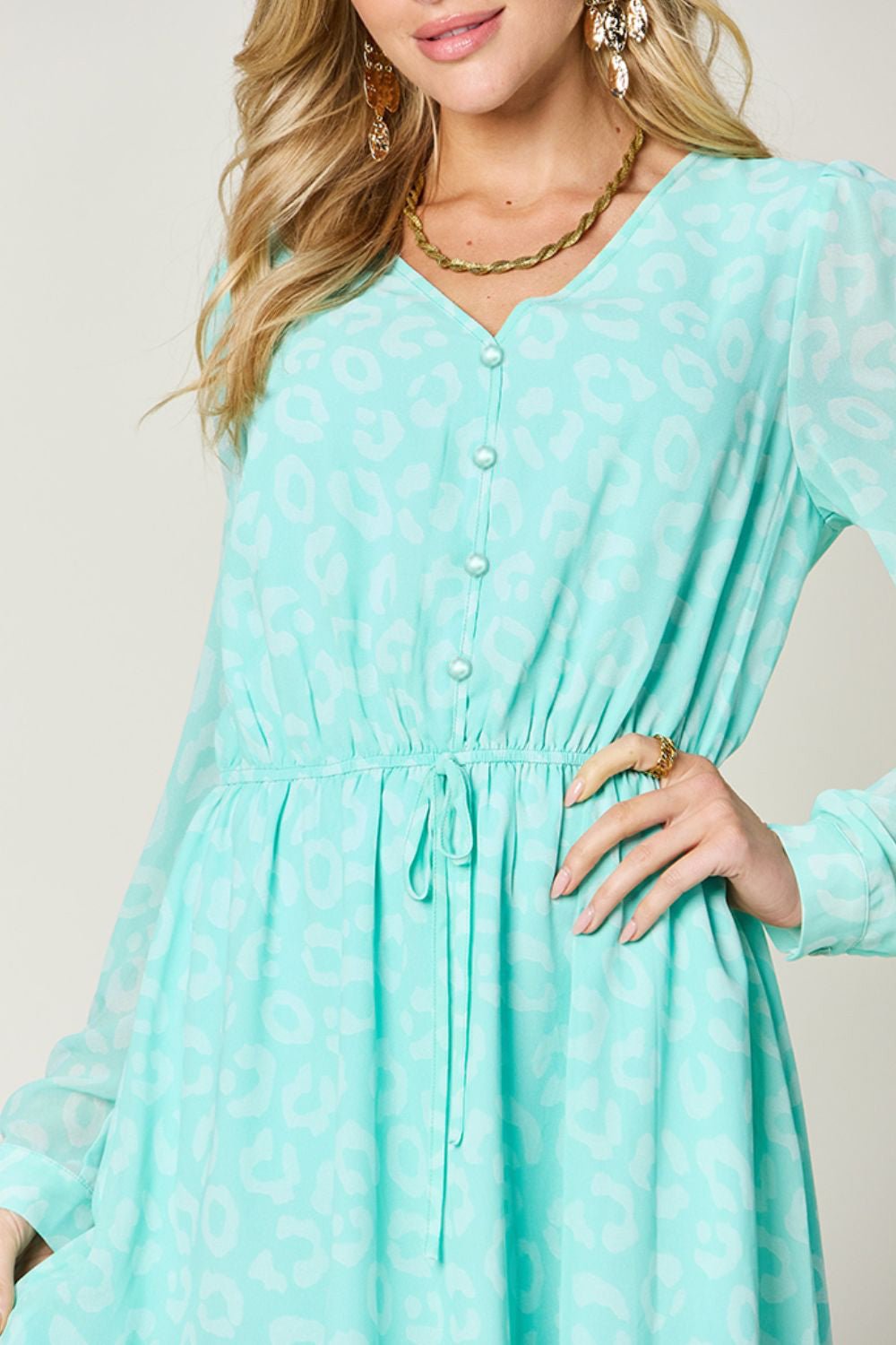 Double Take - Drawstring Waist Long Sleeve Knee - Length Dress in Light Green