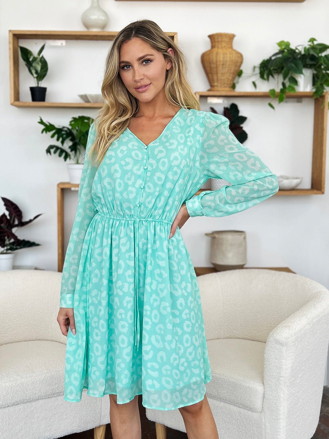 Double Take - Drawstring Waist Long Sleeve Knee - Length Dress in Light Green