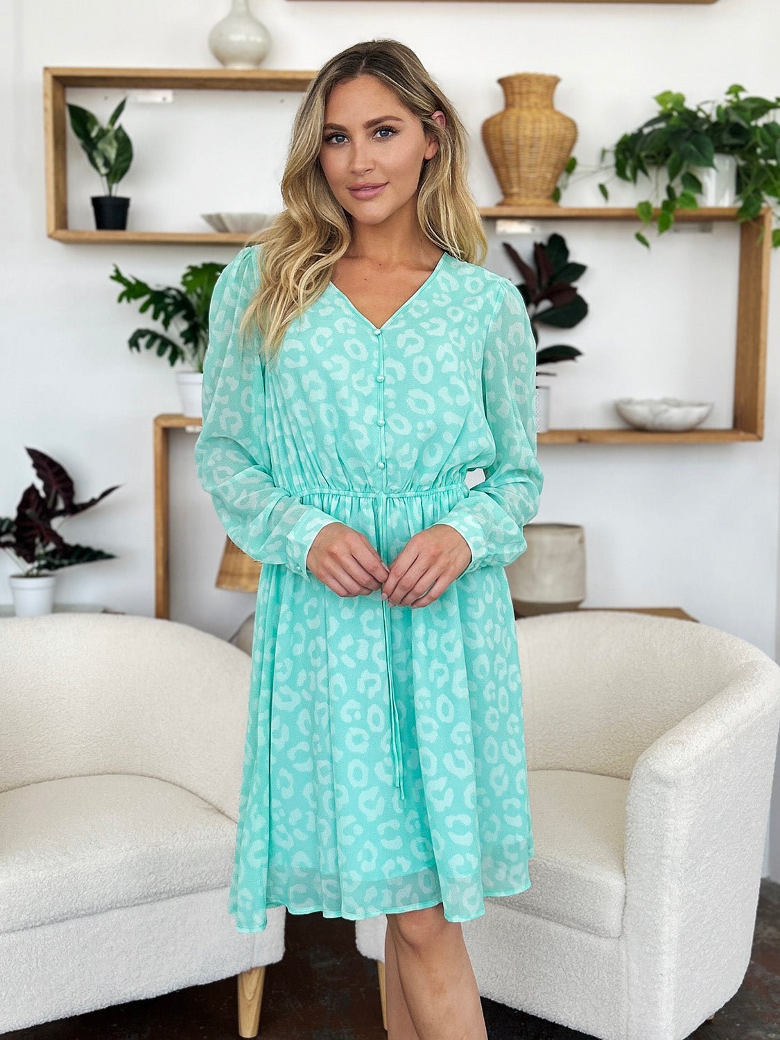 Double Take - Drawstring Waist Long Sleeve Knee - Length Dress in Light Green