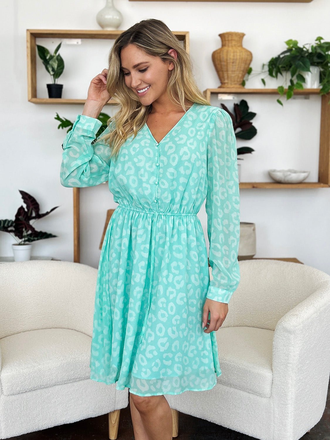 Double Take - Drawstring Waist Long Sleeve Knee - Length Dress in Light Green