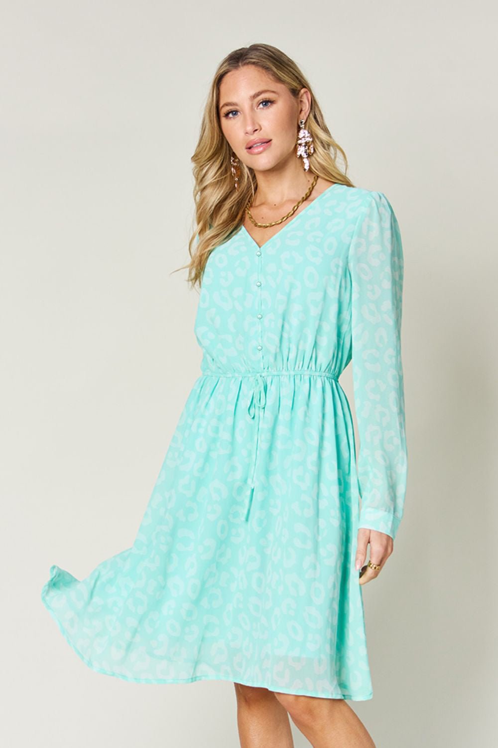 Double Take - Drawstring Waist Long Sleeve Knee - Length Dress in Light Green