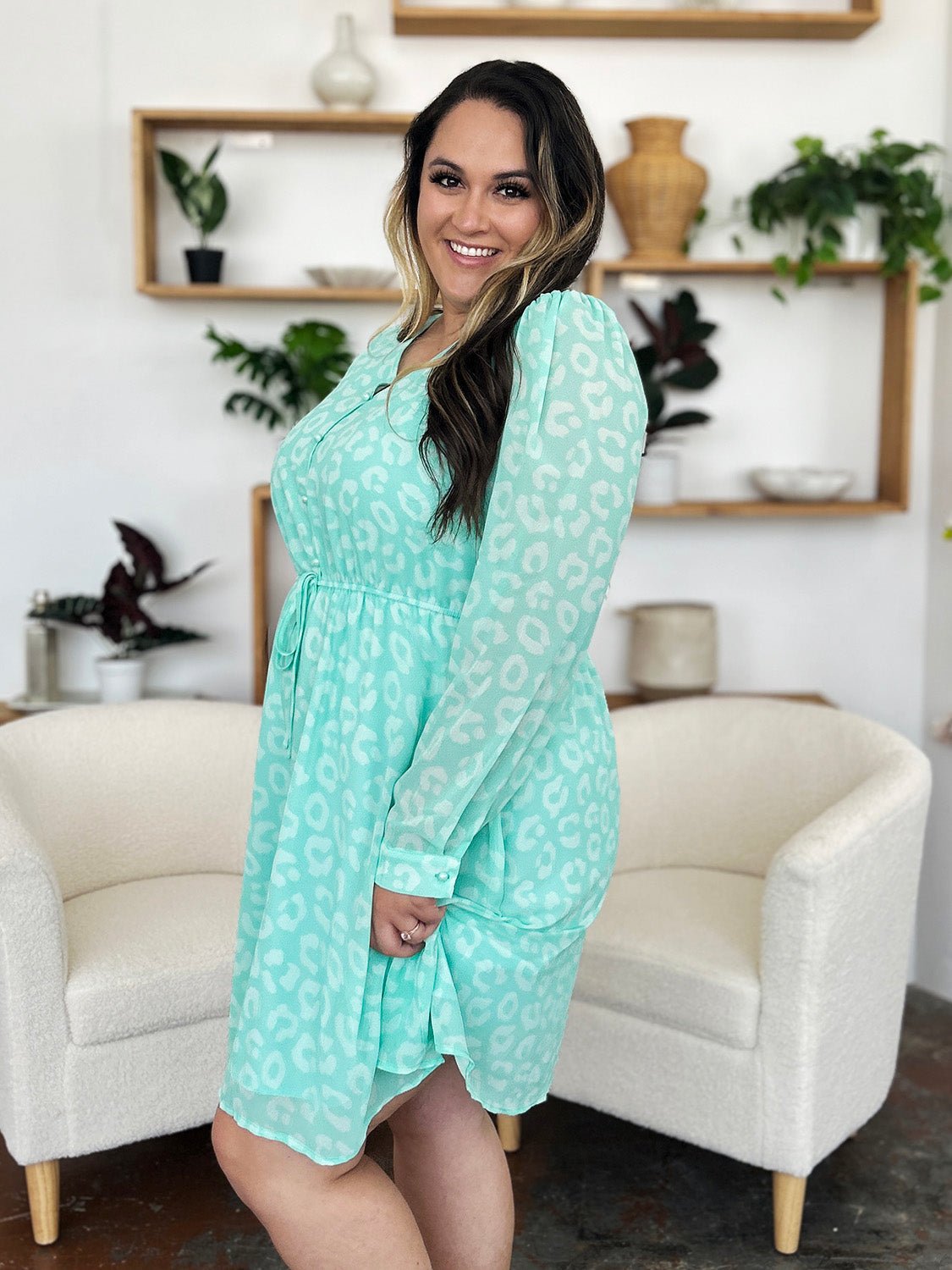 Double Take - Drawstring Waist Long Sleeve Knee - Length Dress in Light Green