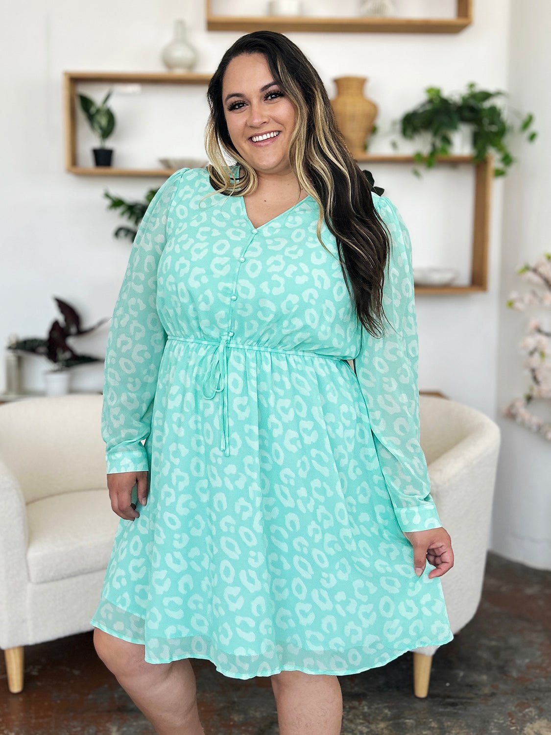 Double Take - Drawstring Waist Long Sleeve Knee - Length Dress in Light Green