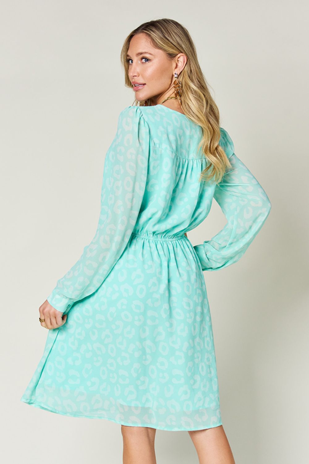 Double Take - Drawstring Waist Long Sleeve Knee - Length Dress in Light Green