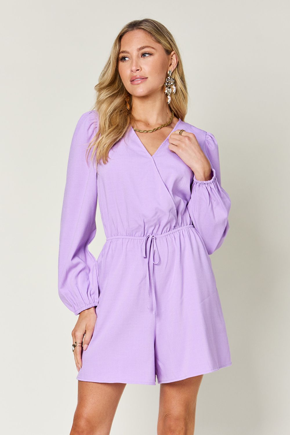 Double Take - Drawstring Waist Long Sleeve Romper in Lavender