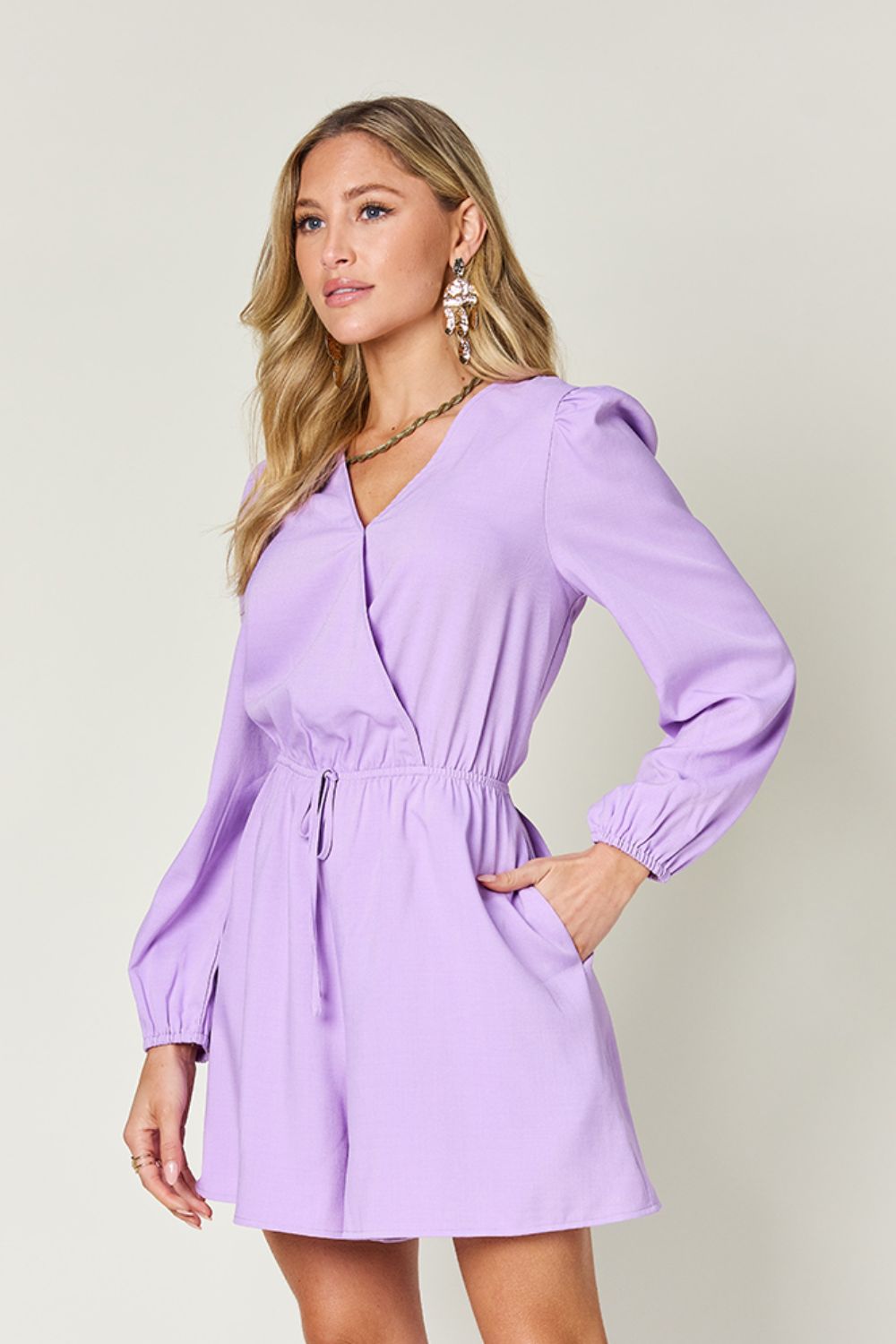 Double Take - Drawstring Waist Long Sleeve Romper in Lavender