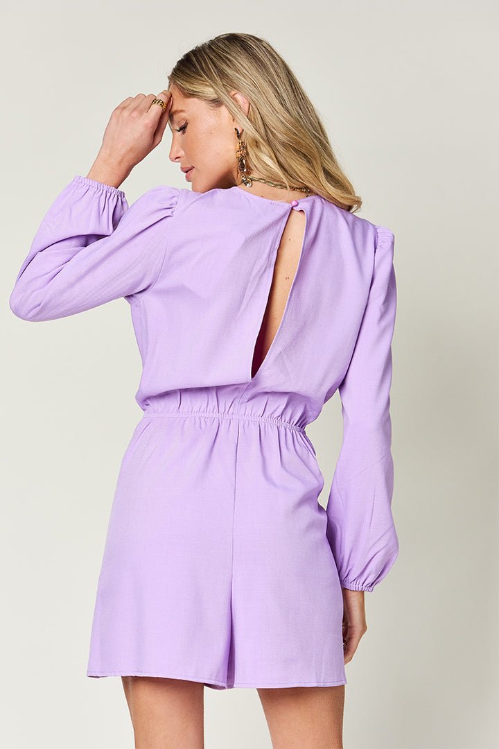 Double Take - Drawstring Waist Long Sleeve Romper in Lavender