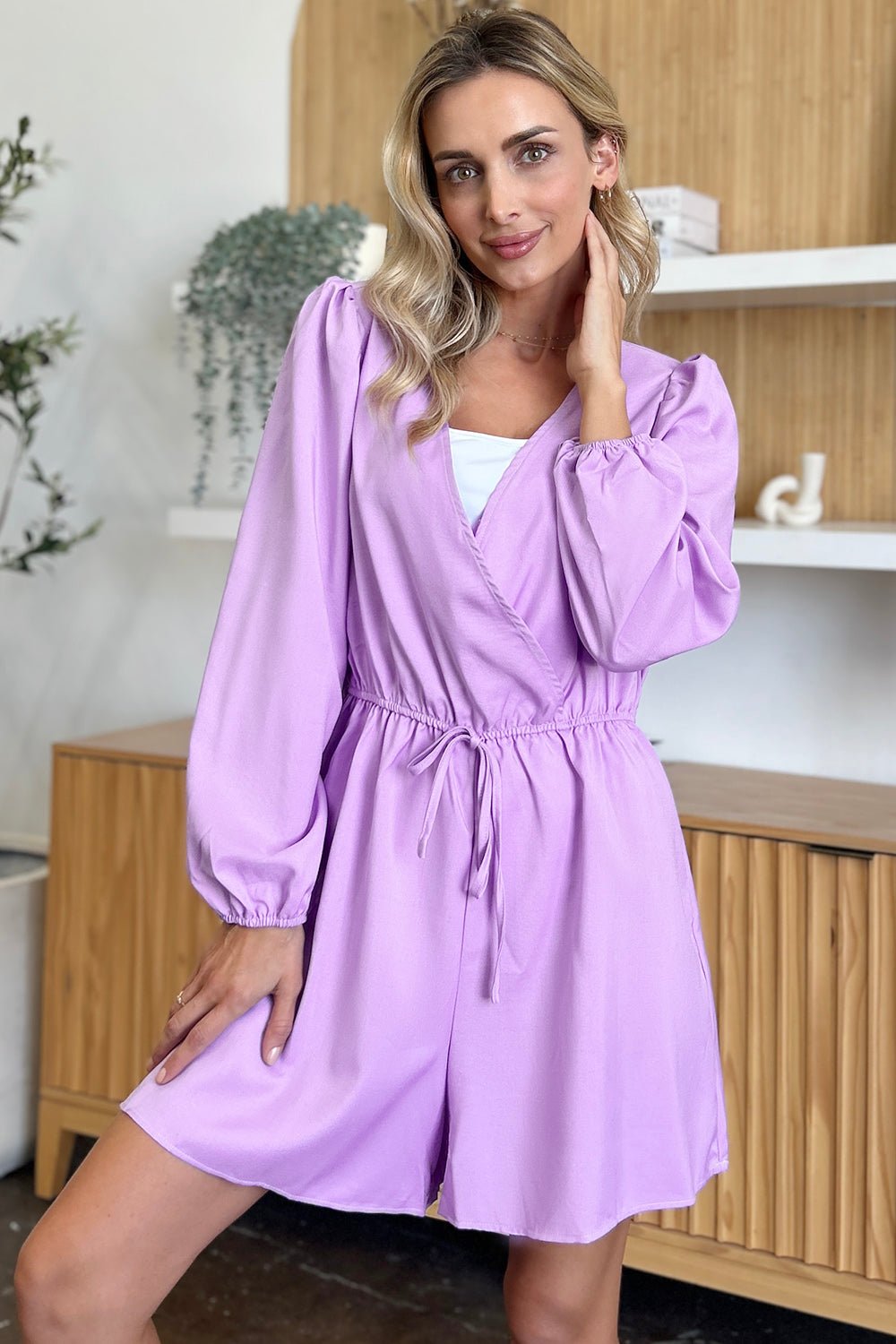 Double Take - Drawstring Waist Long Sleeve Romper in Lavender