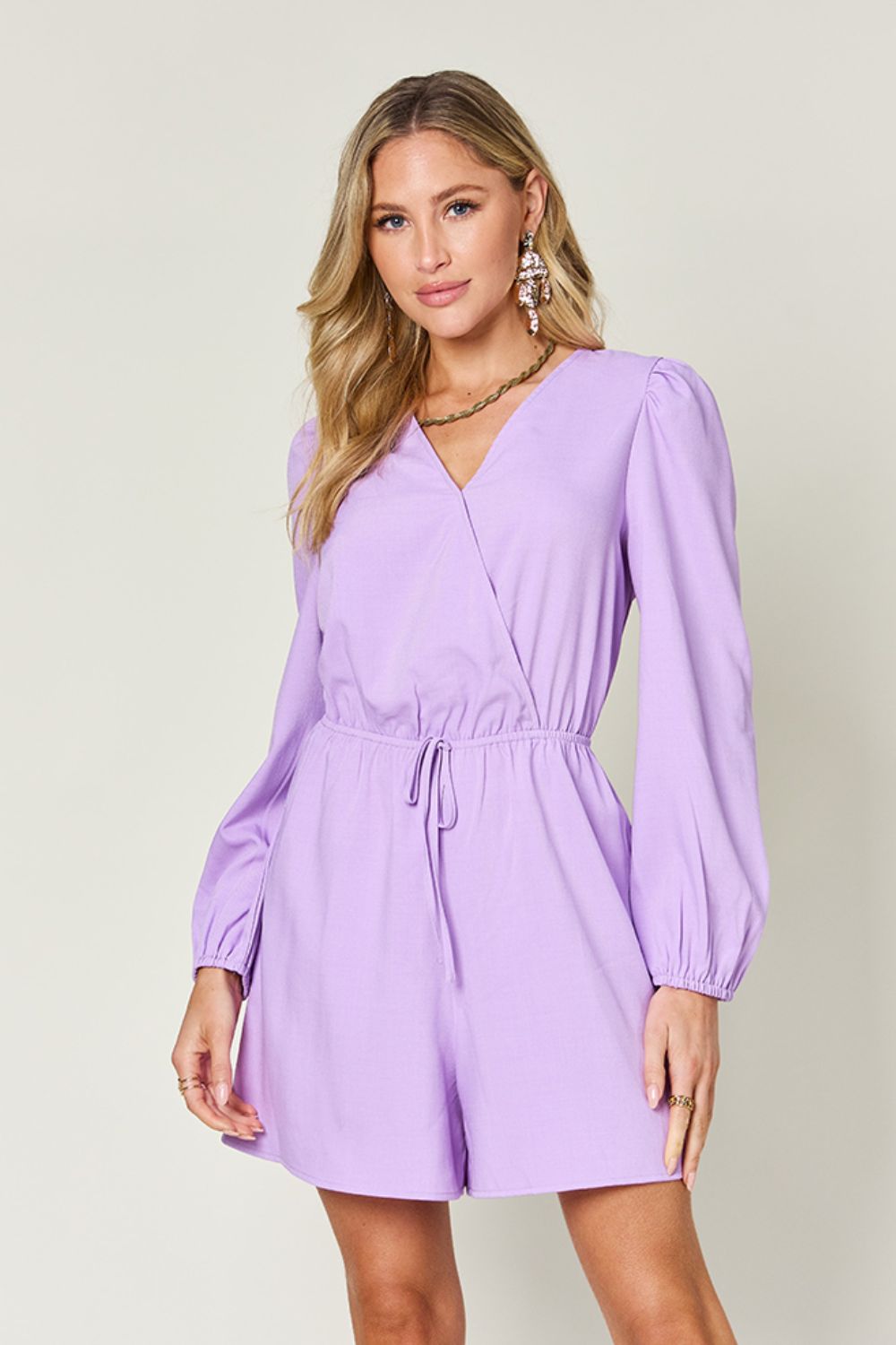 Double Take - Drawstring Waist Long Sleeve Romper in Lavender