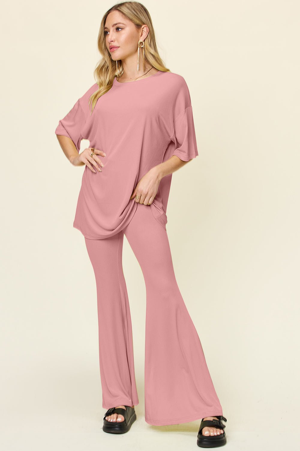 Double Take - Drop Shoulder T-Shirt and Flare Pants Set