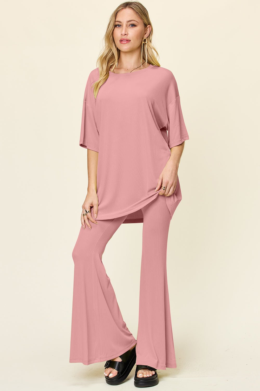 Double Take - Drop Shoulder T-Shirt and Flare Pants Set