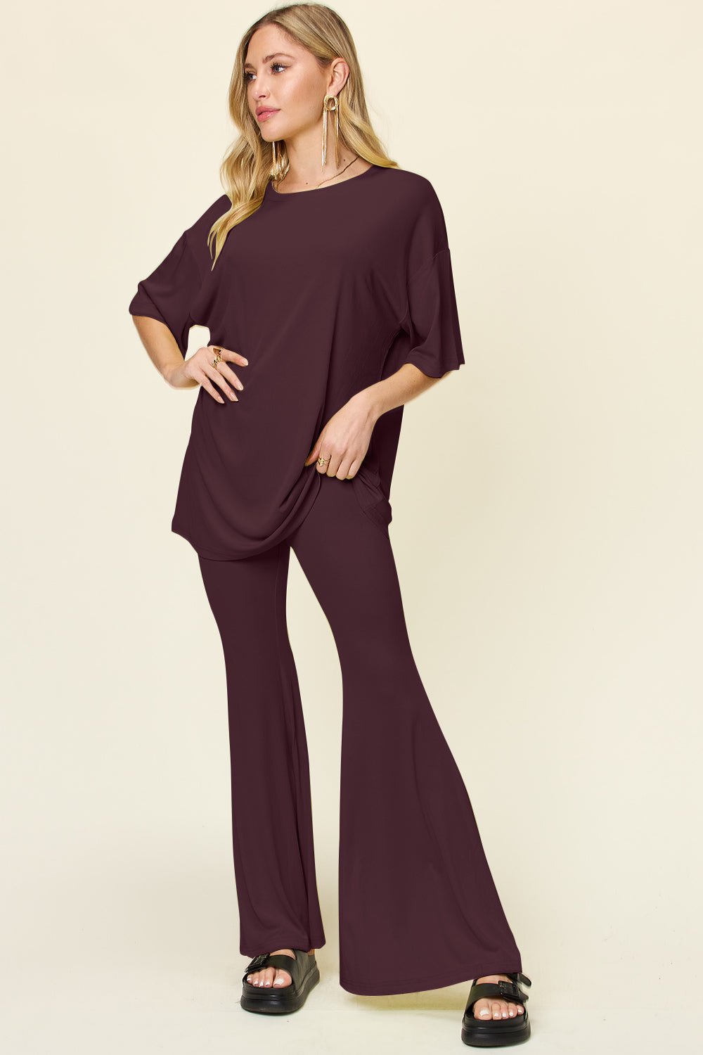 Double Take - Drop Shoulder T-Shirt and Flare Pants Set