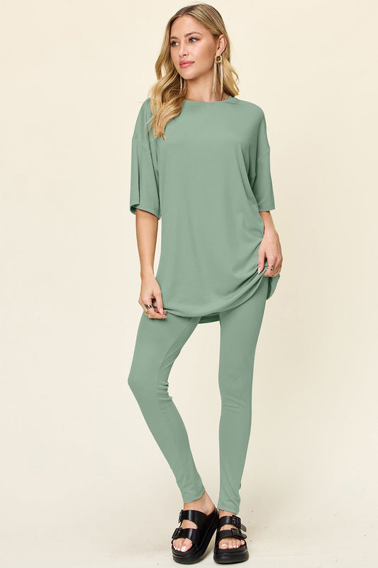 Double Take - Dropped Shoulder T-Shirt and Leggings Set