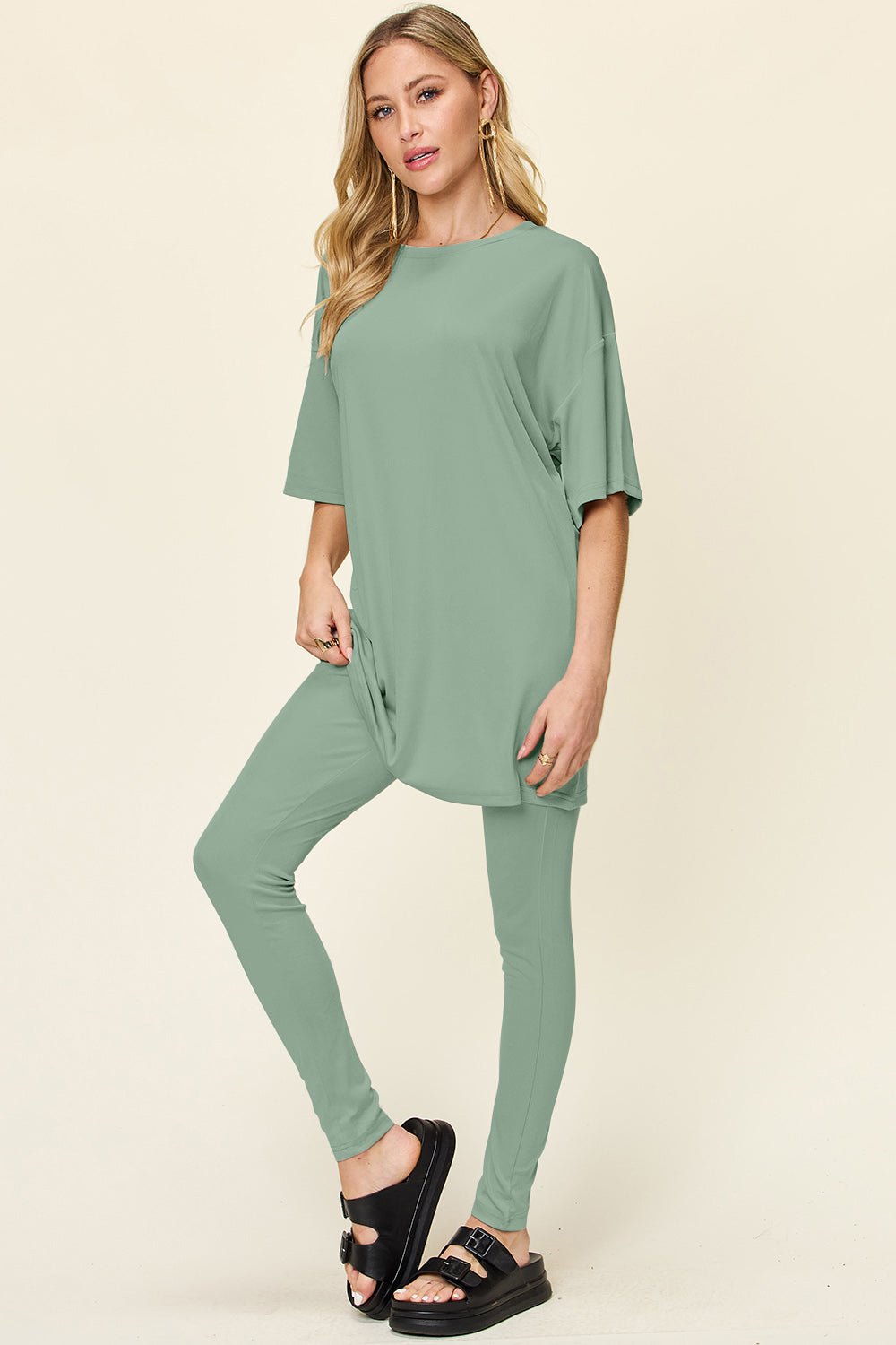 Double Take - Dropped Shoulder T-Shirt and Leggings Set