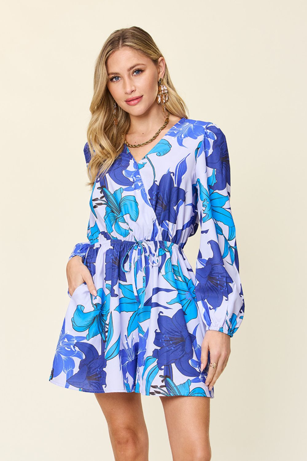 Double Take - Floral Long Sleeve Romper with Pockets