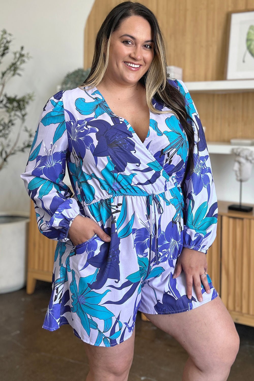 Double Take - Floral Long Sleeve Romper with Pockets