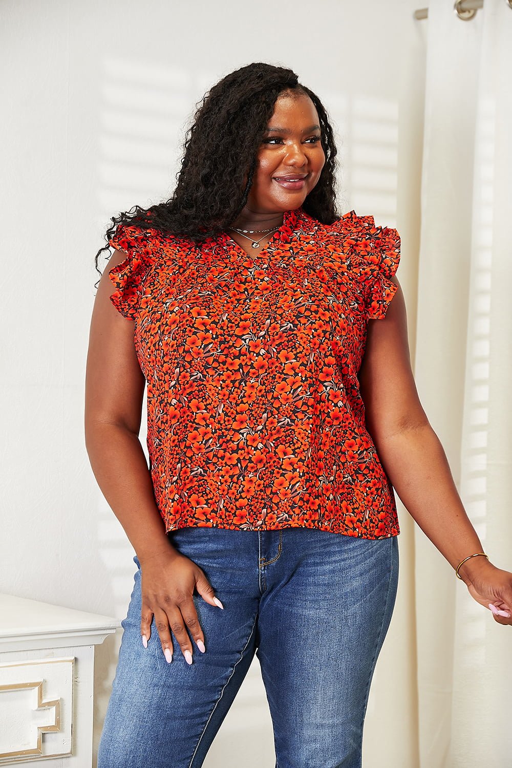 Double Take - Floral Print Flutter Sleeve Blouse in Orange Red