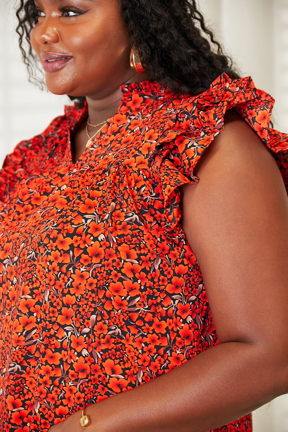 Double Take - Floral Print Flutter Sleeve Blouse in Orange Red