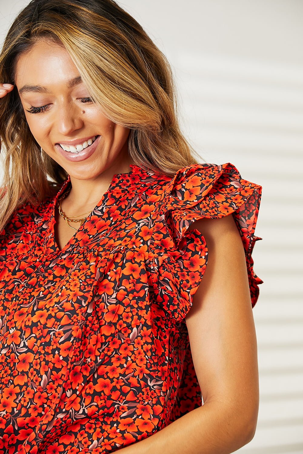 Double Take - Floral Print Flutter Sleeve Blouse in Orange Red