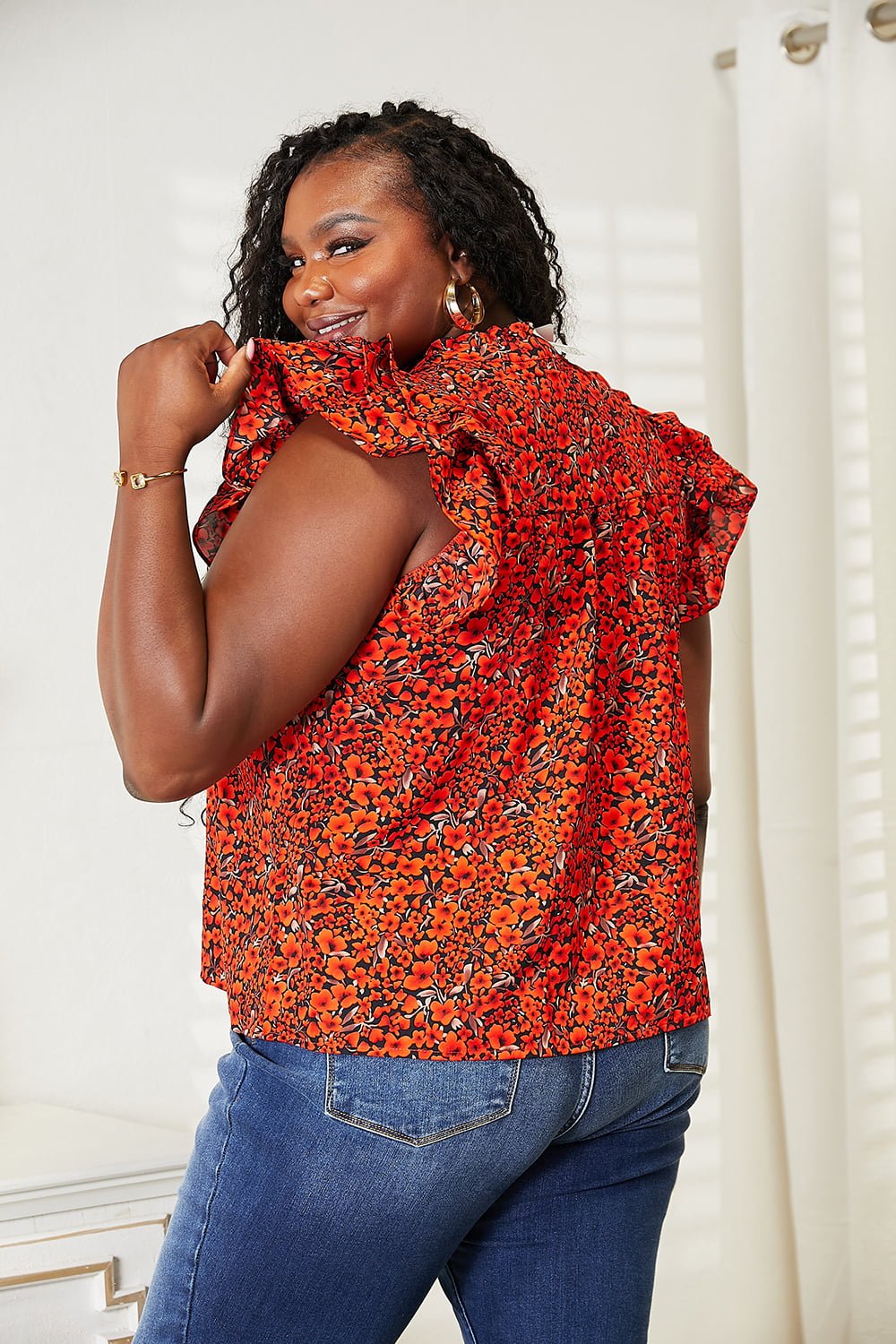 Double Take - Floral Print Flutter Sleeve Blouse in Orange Red