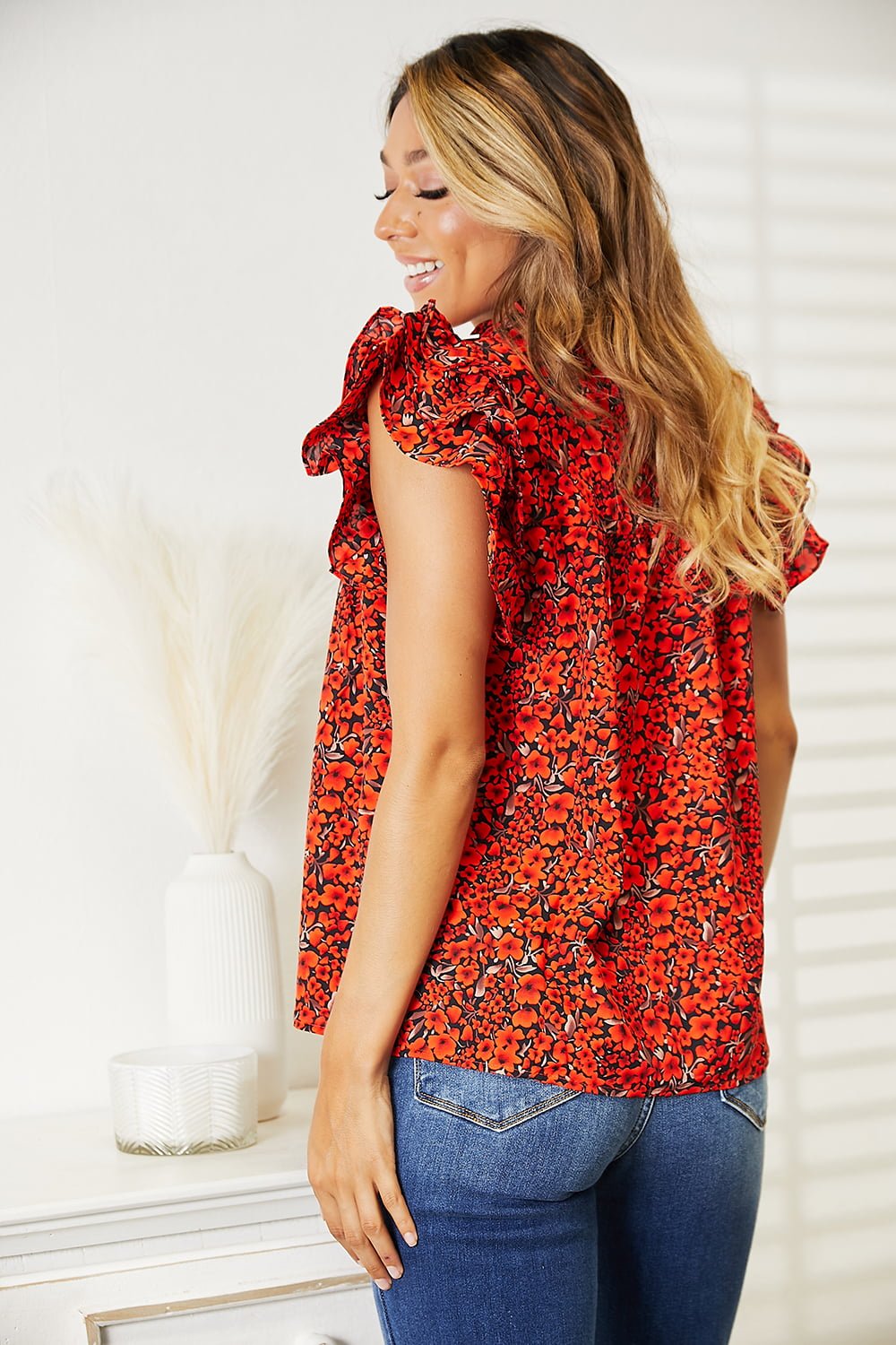 Double Take - Floral Print Flutter Sleeve Blouse in Orange Red