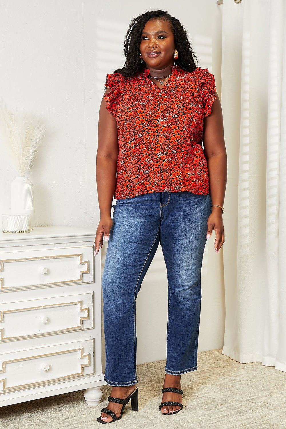 Double Take - Floral Print Flutter Sleeve Blouse in Orange Red