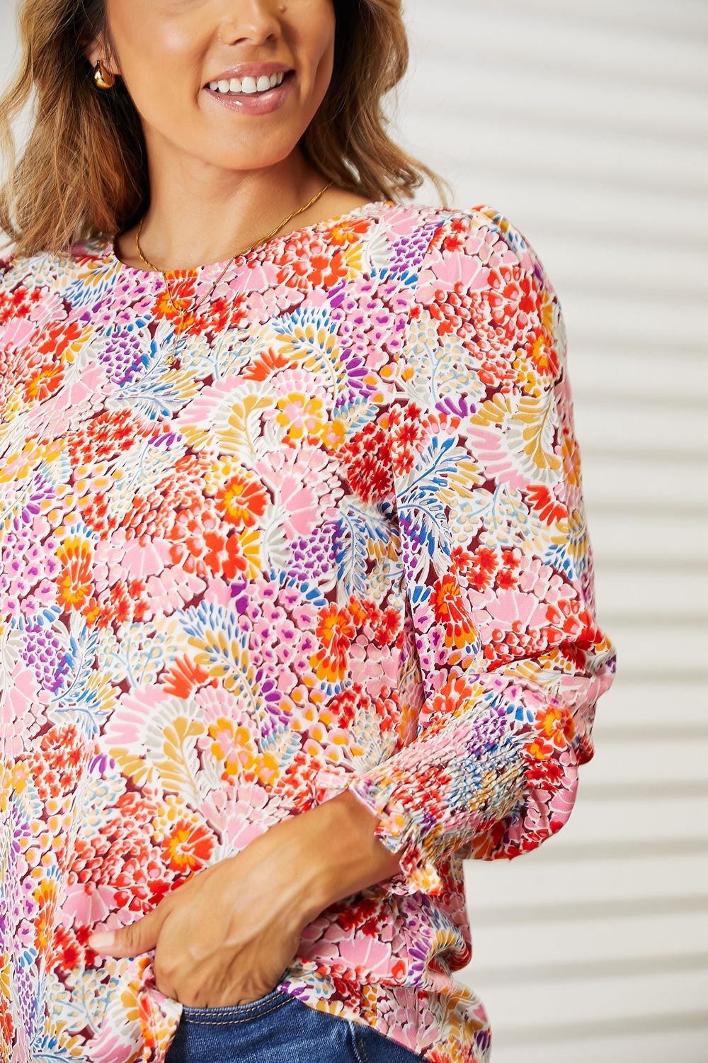 Double Take - Floral Print Long Puff Sleeve Blouse