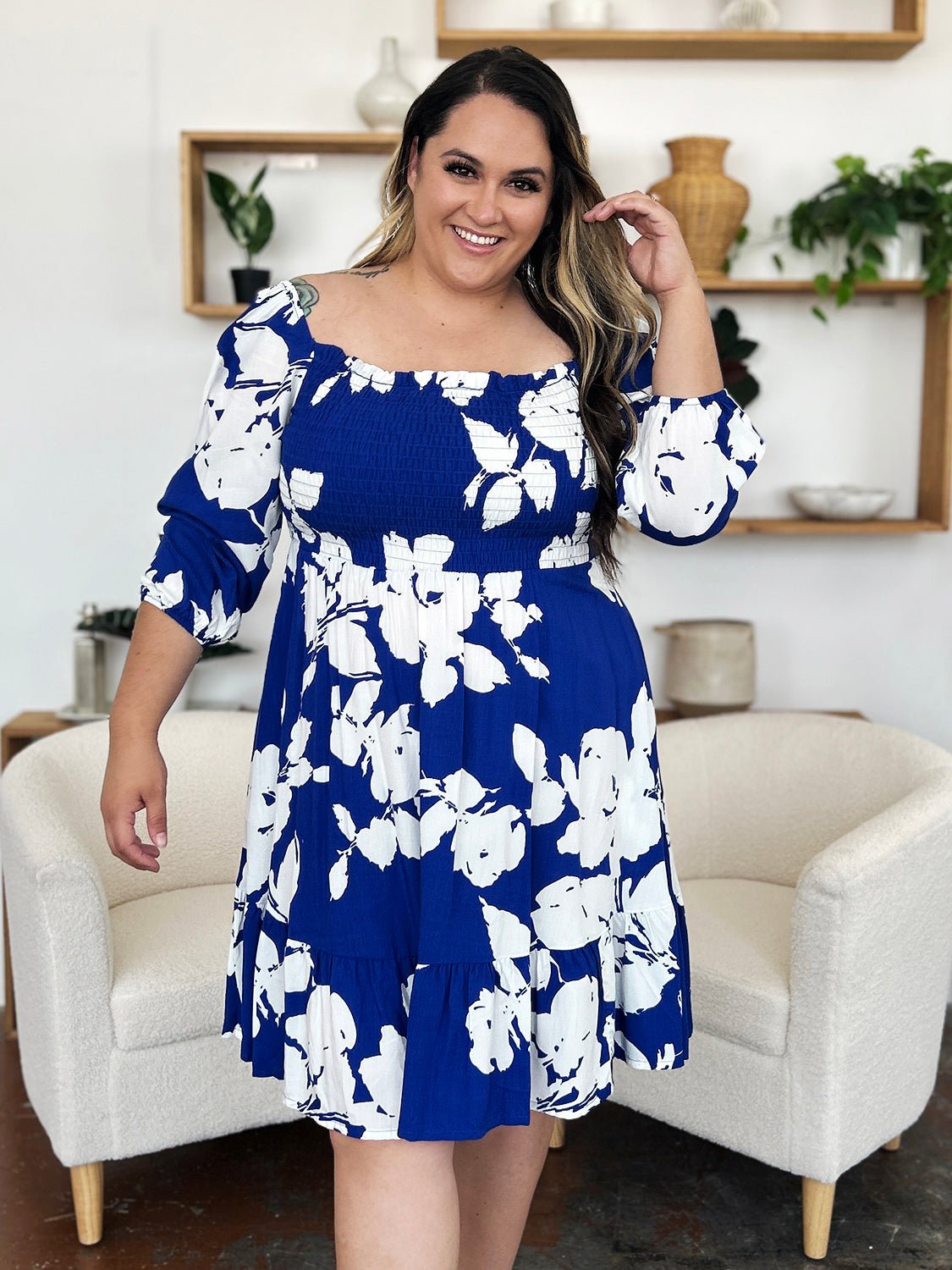 Double Take - Floral Print Ruffle Hem Smocked Knee - Length Dress with Pockets in Royal Blue