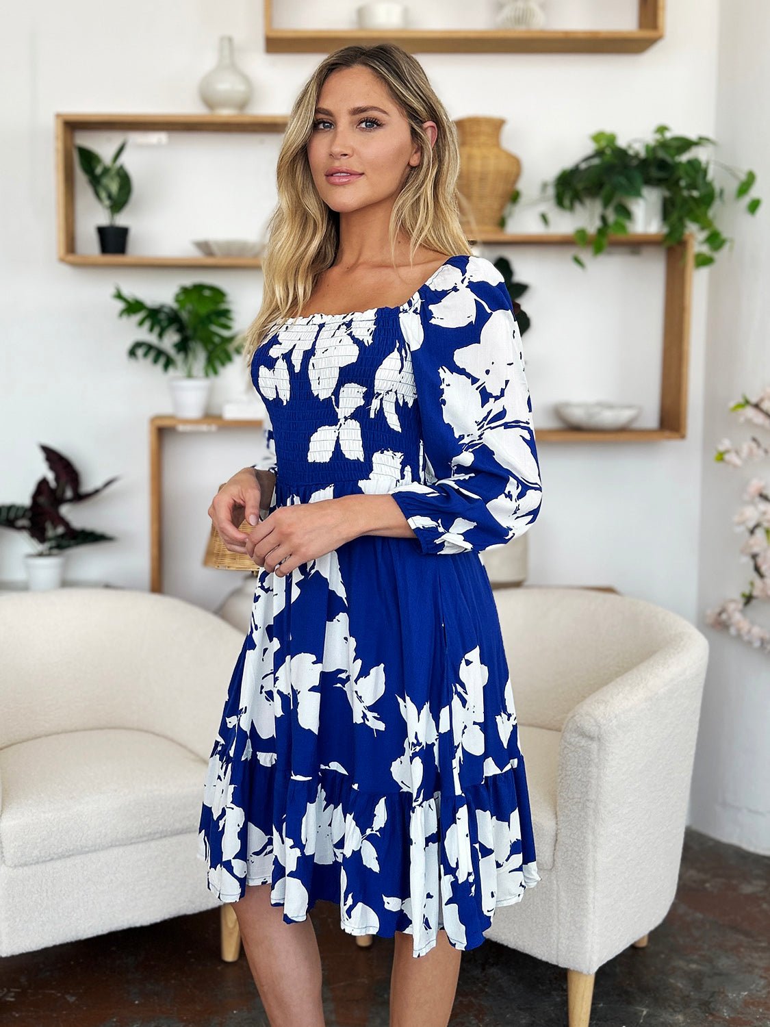 Double Take - Floral Print Ruffle Hem Smocked Knee - Length Dress with Pockets in Royal Blue