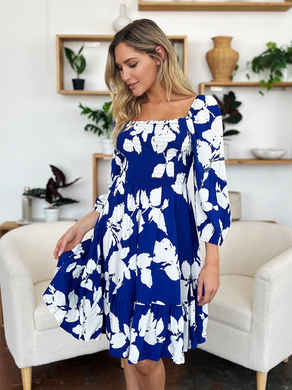 Double Take - Floral Print Ruffle Hem Smocked Knee - Length Dress with Pockets in Royal Blue