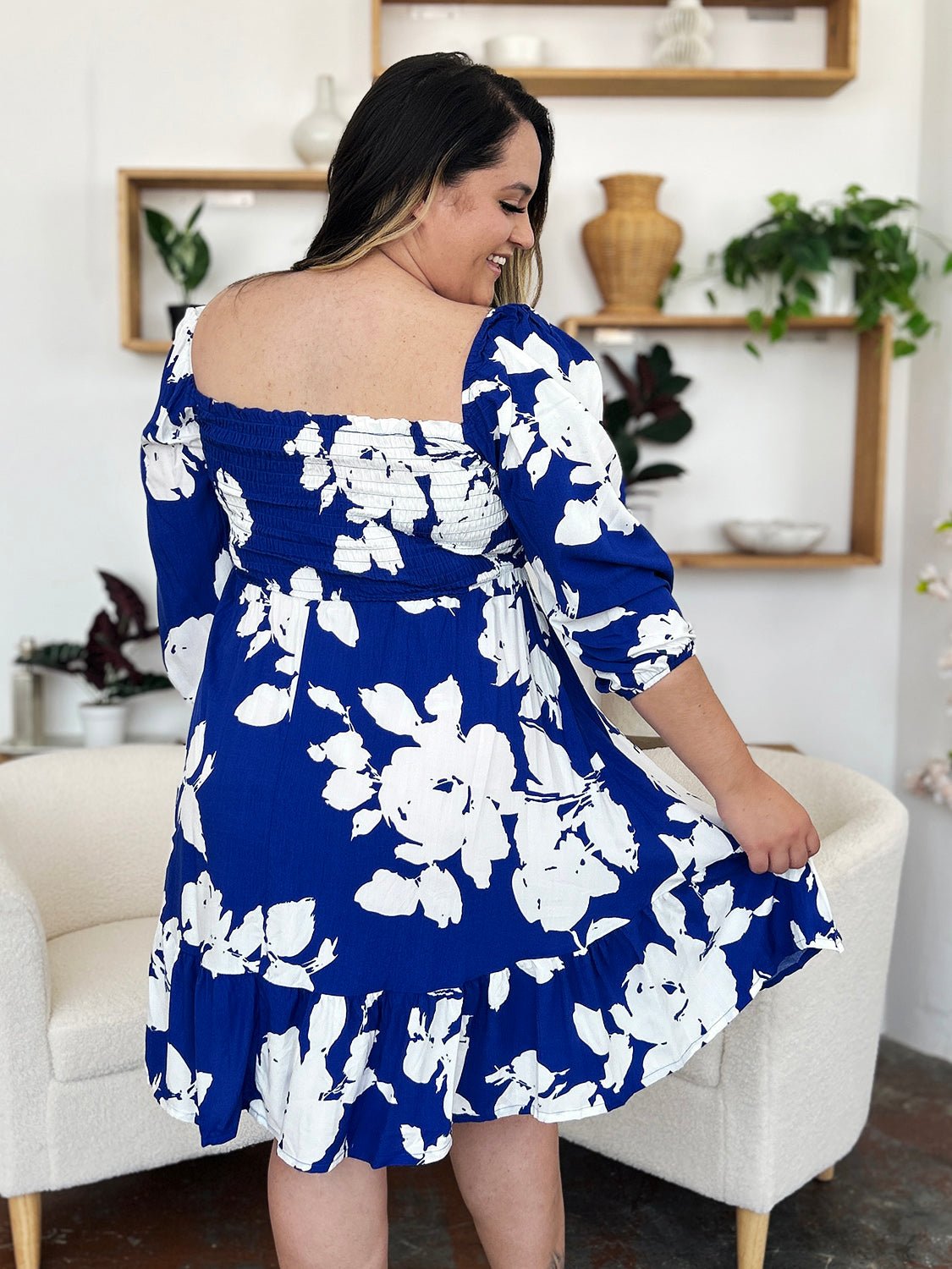 Double Take - Floral Print Ruffle Hem Smocked Knee - Length Dress with Pockets in Royal Blue