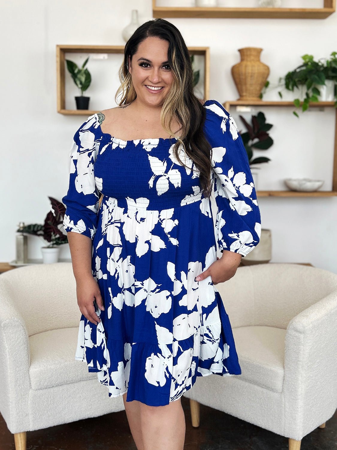 Double Take - Floral Print Ruffle Hem Smocked Knee - Length Dress with Pockets in Royal Blue