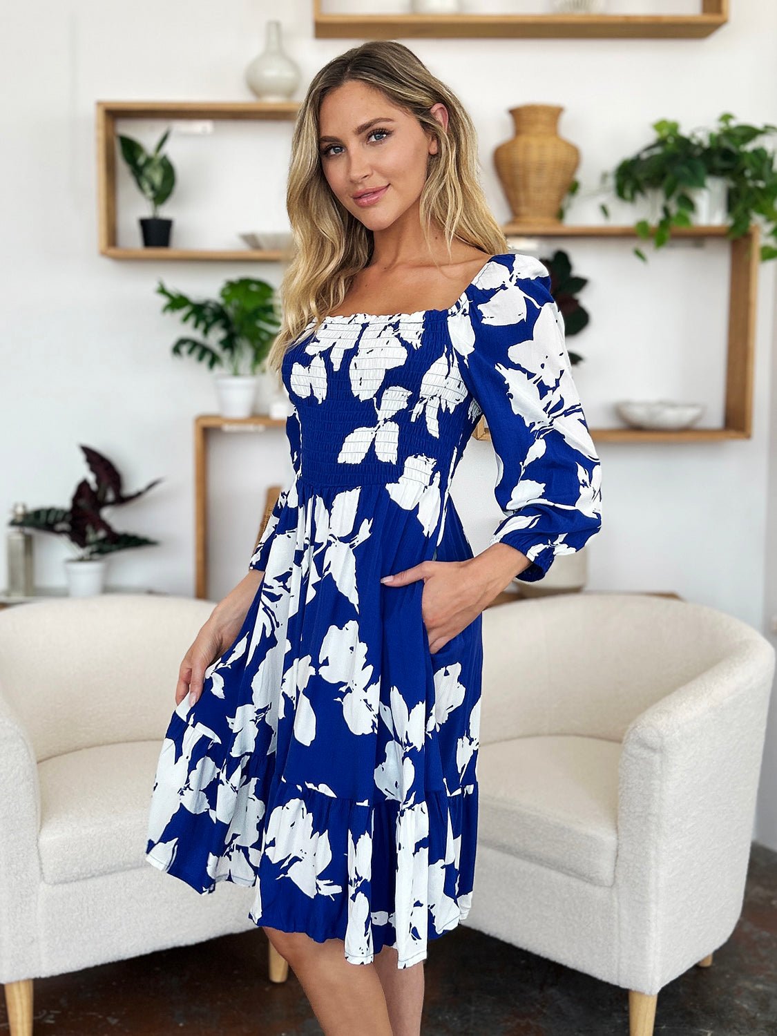 Double Take - Floral Print Ruffle Hem Smocked Knee - Length Dress with Pockets in Royal Blue