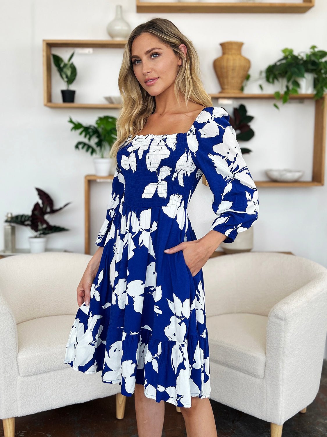 Double Take - Floral Print Ruffle Hem Smocked Knee - Length Dress with Pockets in Royal Blue