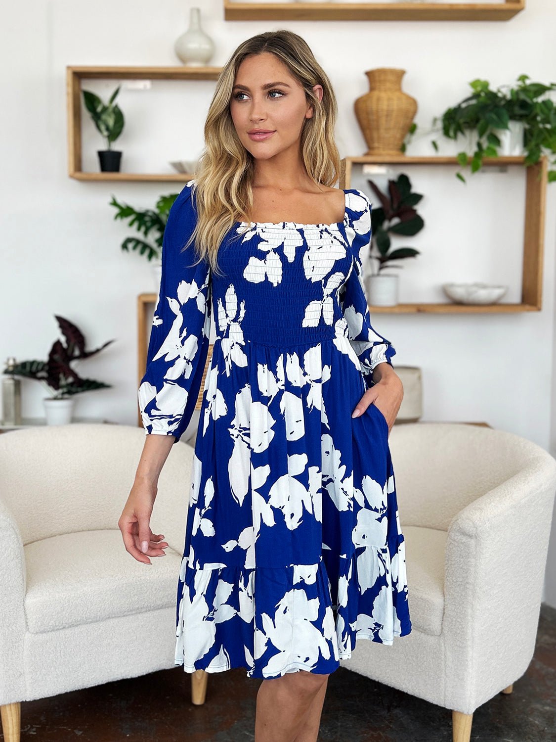 Double Take - Floral Print Ruffle Hem Smocked Knee - Length Dress with Pockets in Royal Blue